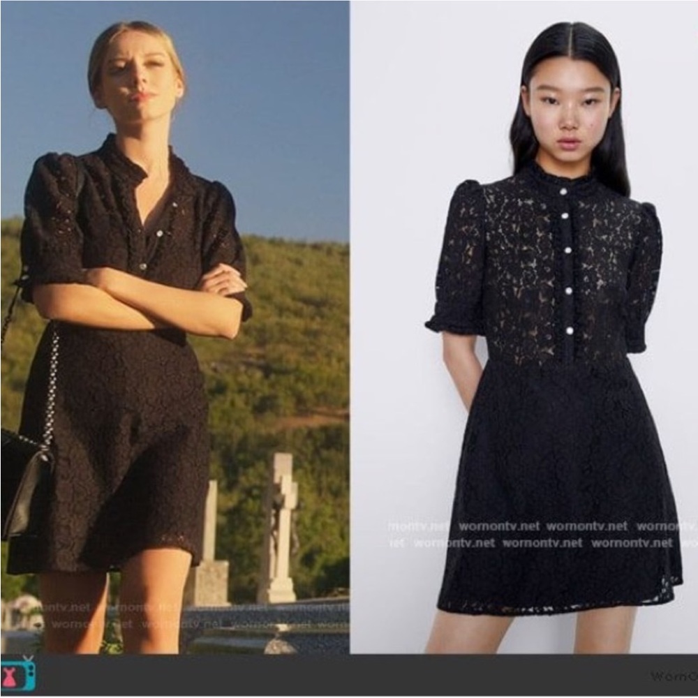 Zara Black Lace Mini Dress With Jewel Buttons Semi Sheer Puff Sleeve - Picture 3 of 9
